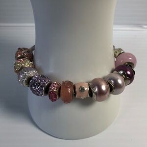 925 Amore & Baci Bracelet with 11 Pink/Purple Beads and Dangling Heart Stopper